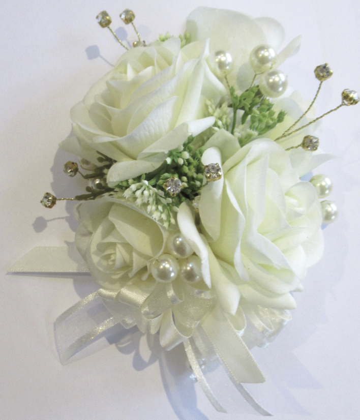 lifelike fresh touch rose corsage, lifelike corsage for mother of the bride